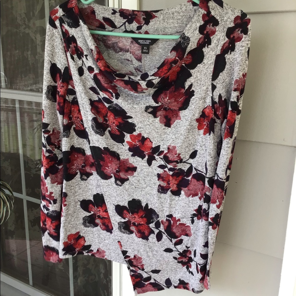 XS Ladies LONG SLEEVE  PULL OVER BLOUSE  GRAY FLORAL TOP FROM  SIMPLY VERA WANG